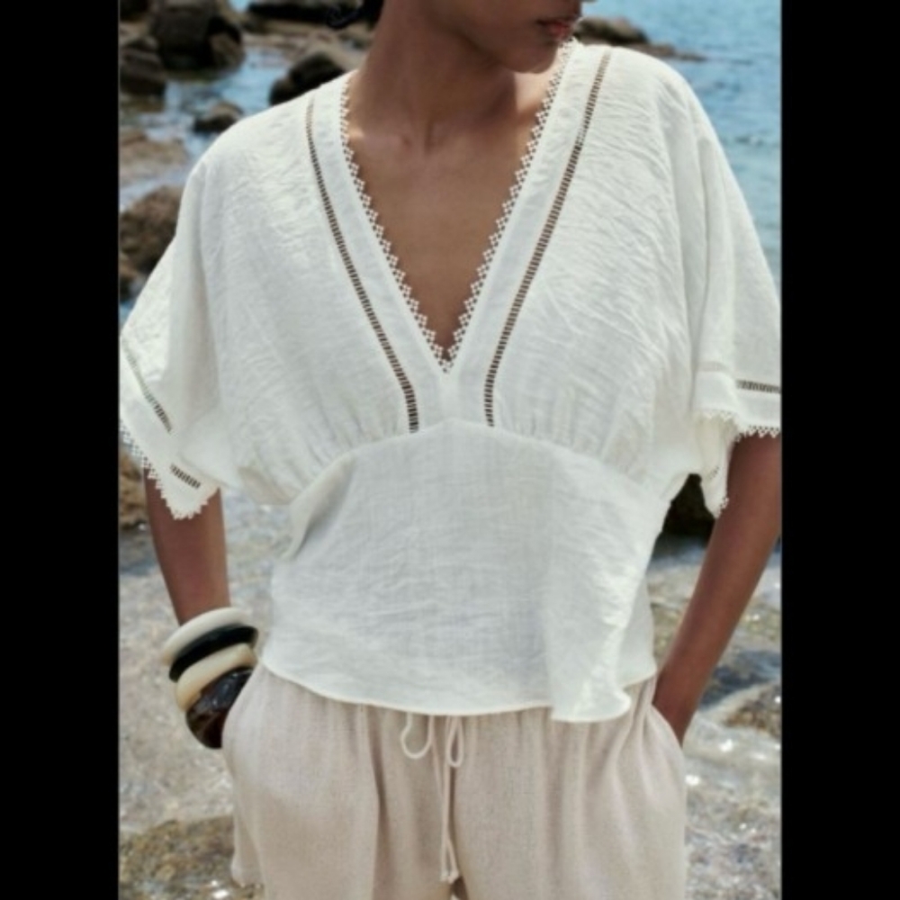 Zara White V-Neck Blouse